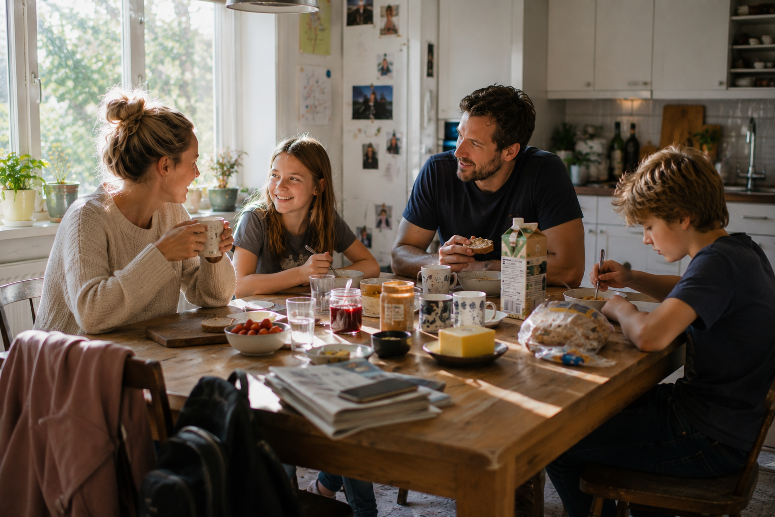 Familj som samlas kring frukostbordet